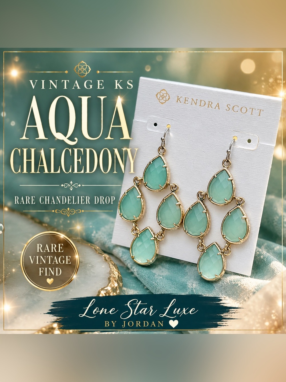 Vintage Kendra Scott Carlone Chandelier Aqua Chalcedony Gold Earrings Rare HTF